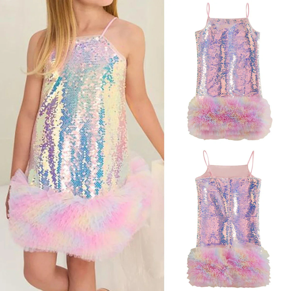 Vestido Infantil de Festa com Paetês e Camadas de Tule – Alças Finas e Babados Elegantes