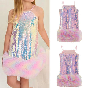 Vestido Infantil de Festa com Paetês e Camadas de Tule – Alças Finas e Babados Elegantes