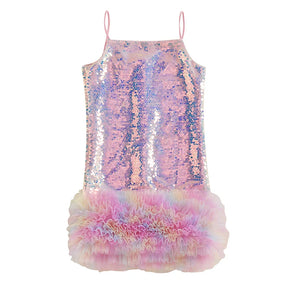 Vestido Infantil de Festa com Paetês e Camadas de Tule – Alças Finas e Babados Elegantes