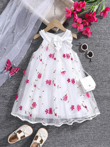 Vestido Infantil de Festa com Laço e Bordado Floral – Roupa Elegante para Meninas