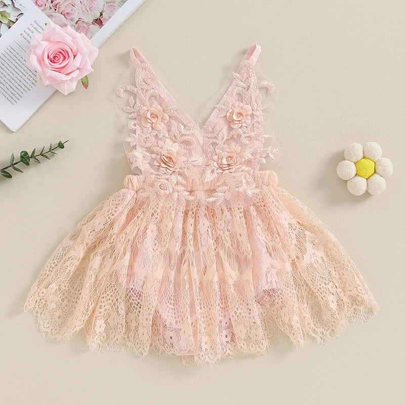 Vestido Infantil de Renda Rosa com Bordado Floral – Roupa de Festa para Bebês e Meninas