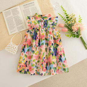 Vestido Infantil de Verão Sem Manga com Estampa Floral – Babados e Gola Alta