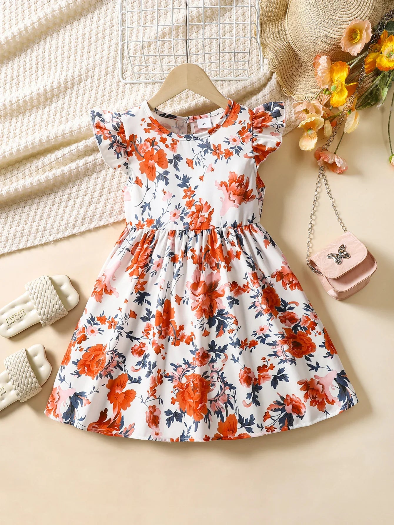 Vestido Infantil de Verão com Estampa Floral – Mangas em Babado e Gola Redonda