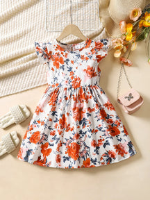 Vestido Infantil de Verão com Estampa Floral – Mangas em Babado e Gola Redonda