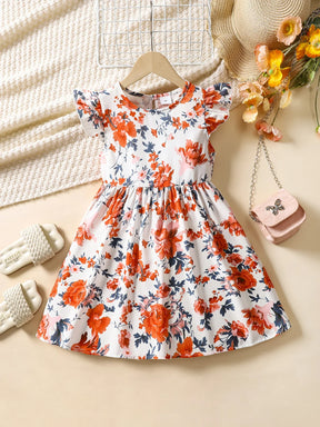 Vestido Infantil de Verão com Estampa Floral – Mangas em Babado e Gola Redonda