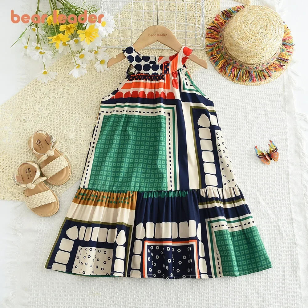 Vestido Infantil Verão Sem Manga com Estampa Patchwork Colorida – Moda Coreana para Meninas