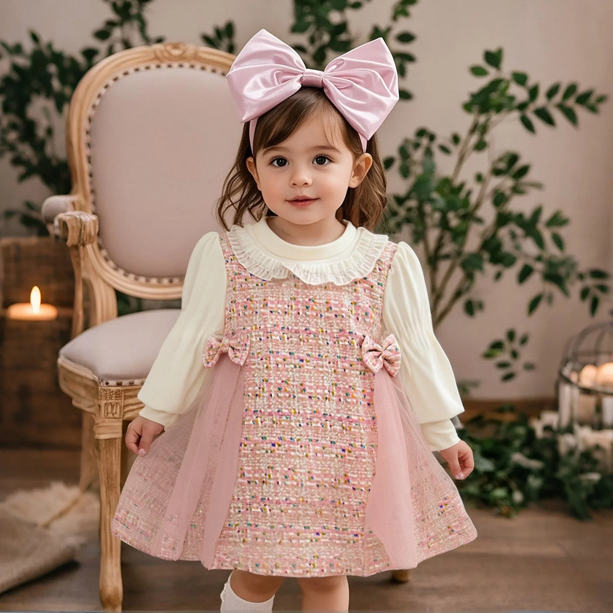 Vestido Infantil Xadrez com Tule e Laço – Manga Longa e Estilo Doce para Meninas