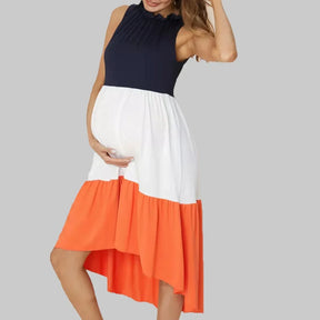 Vestido Gestante Midi Color Block Azul, Branco e Laranja – Conforto e Estilo na Maternidade
