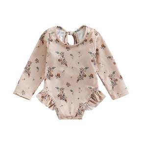 Maiô Infantil Floral Manga Longa com Babados