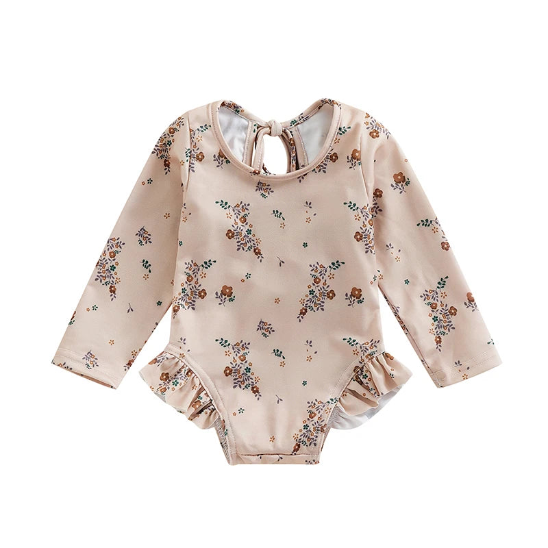 Maiô Infantil Floral Manga Longa com Babados