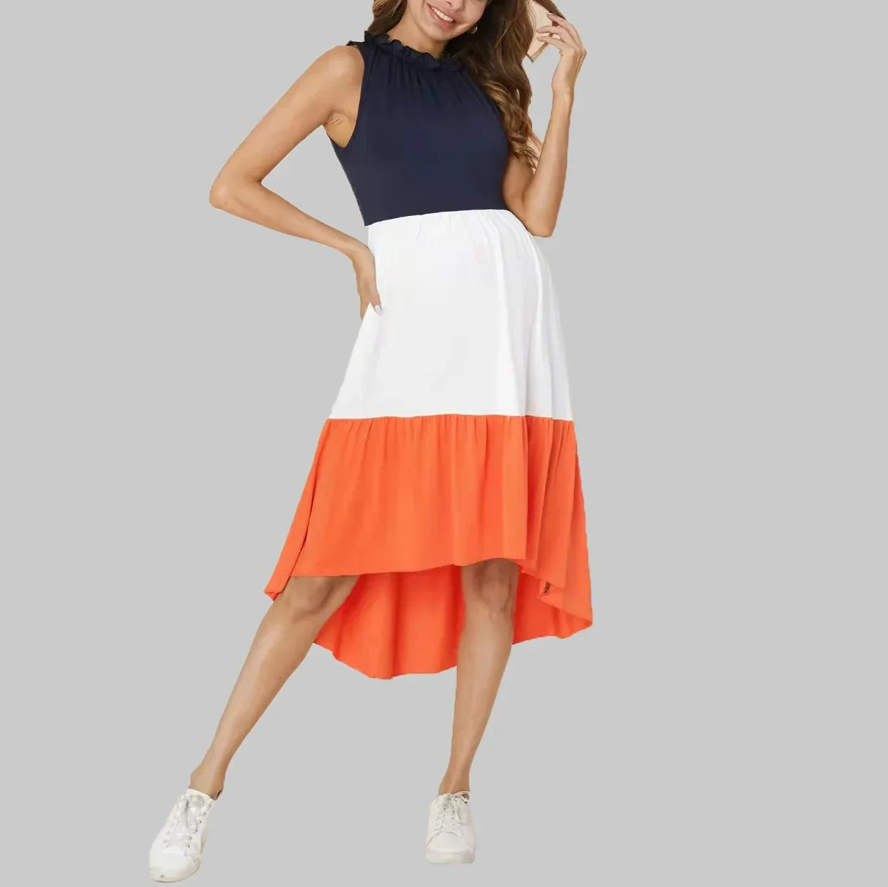 Vestido Gestante Midi Color Block Azul, Branco e Laranja – Conforto e Estilo na Maternidade