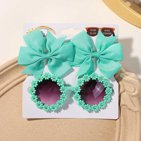 Conjunto 3 Presilhas Cheer Bow Retrô com Estampa Floral + Óculos Decorativo | Acessórios de Cabelo Feitos à Mão para Meninas