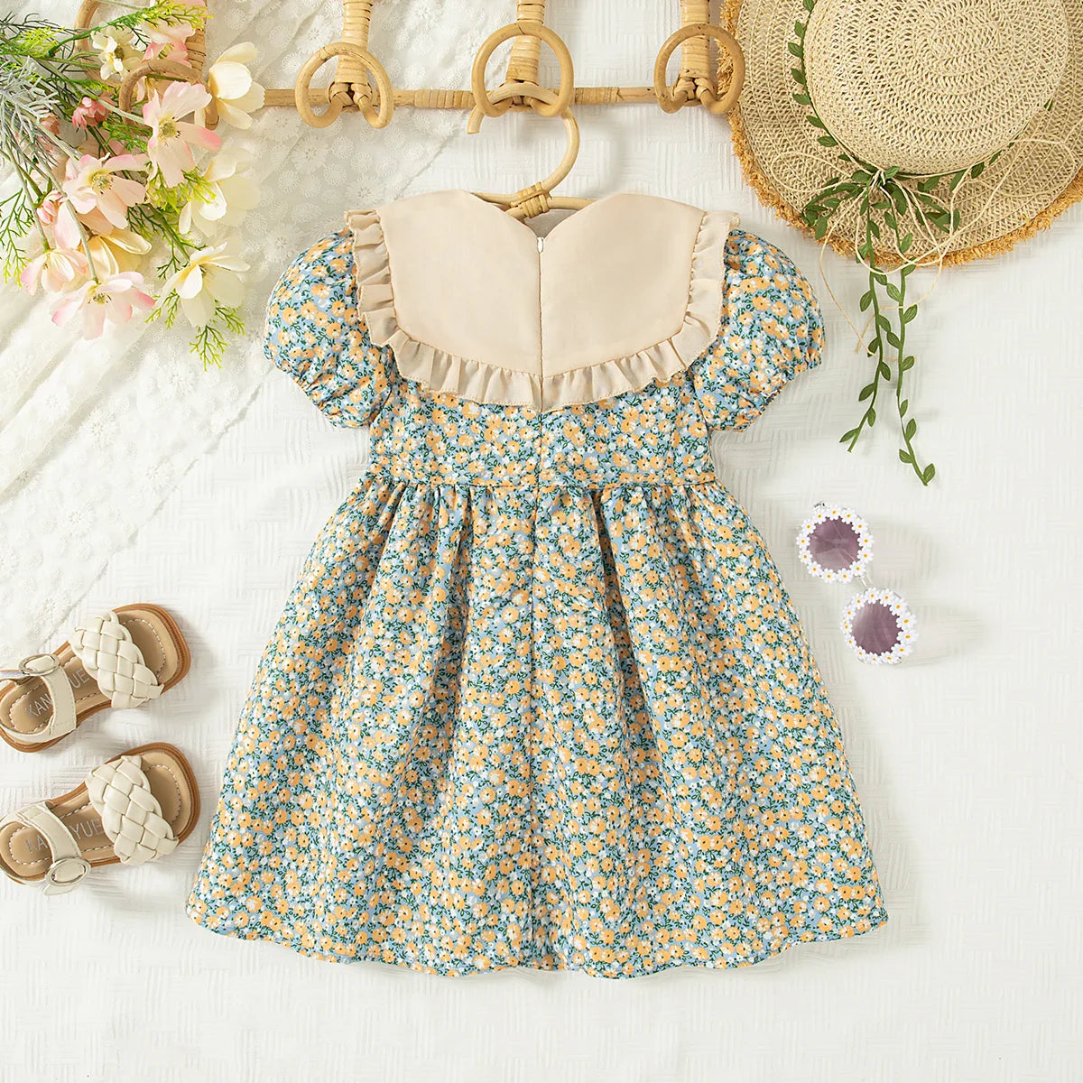Vestido Infantil de Verão com Gola Boneca e Laço – Estilo Princesa Coreano