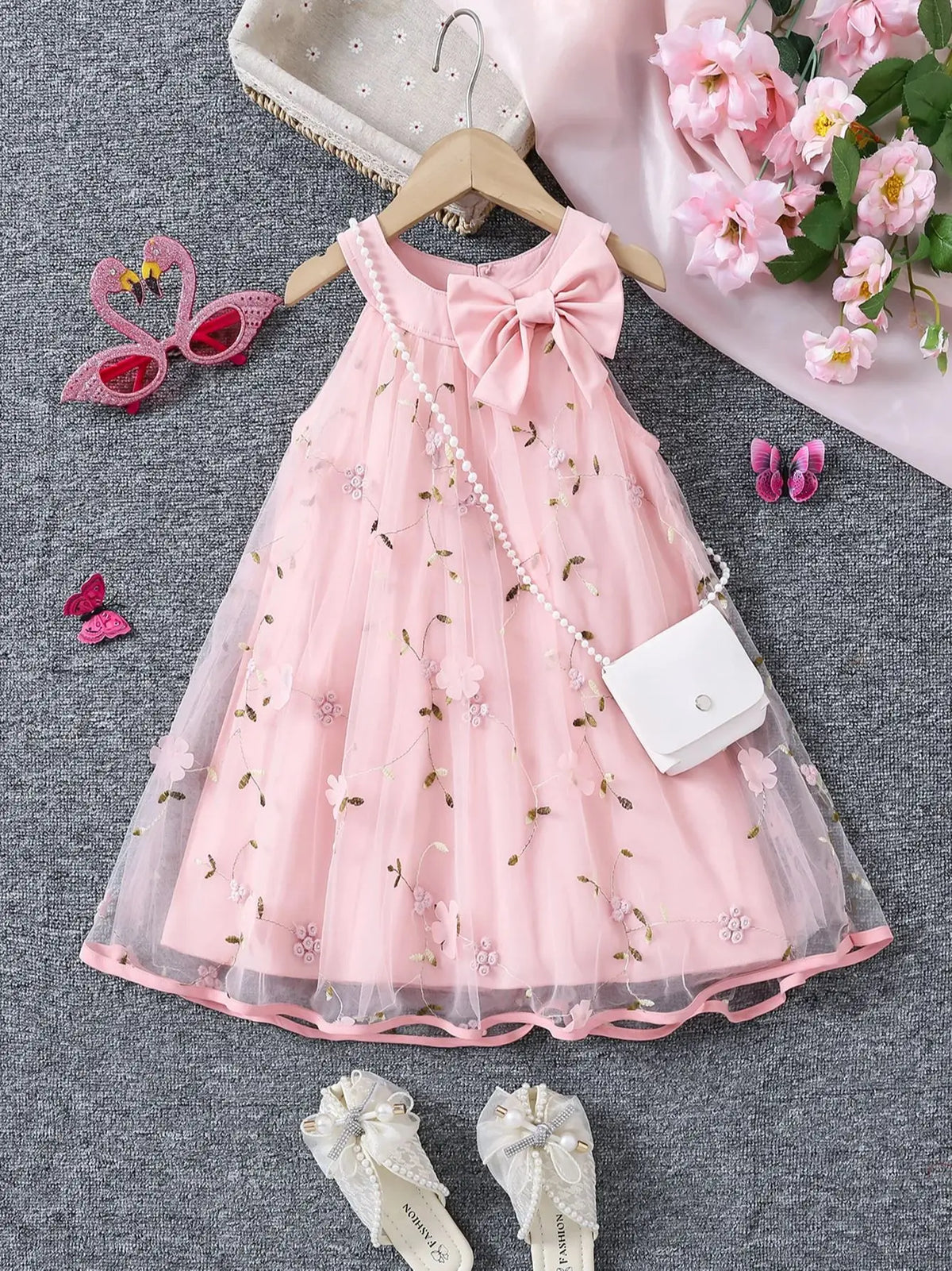 Vestido Infantil de Festa com Laço e Bordado Floral – Roupa Elegante para Meninas