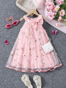 Vestido Infantil de Festa com Laço e Bordado Floral – Roupa Elegante para Meninas