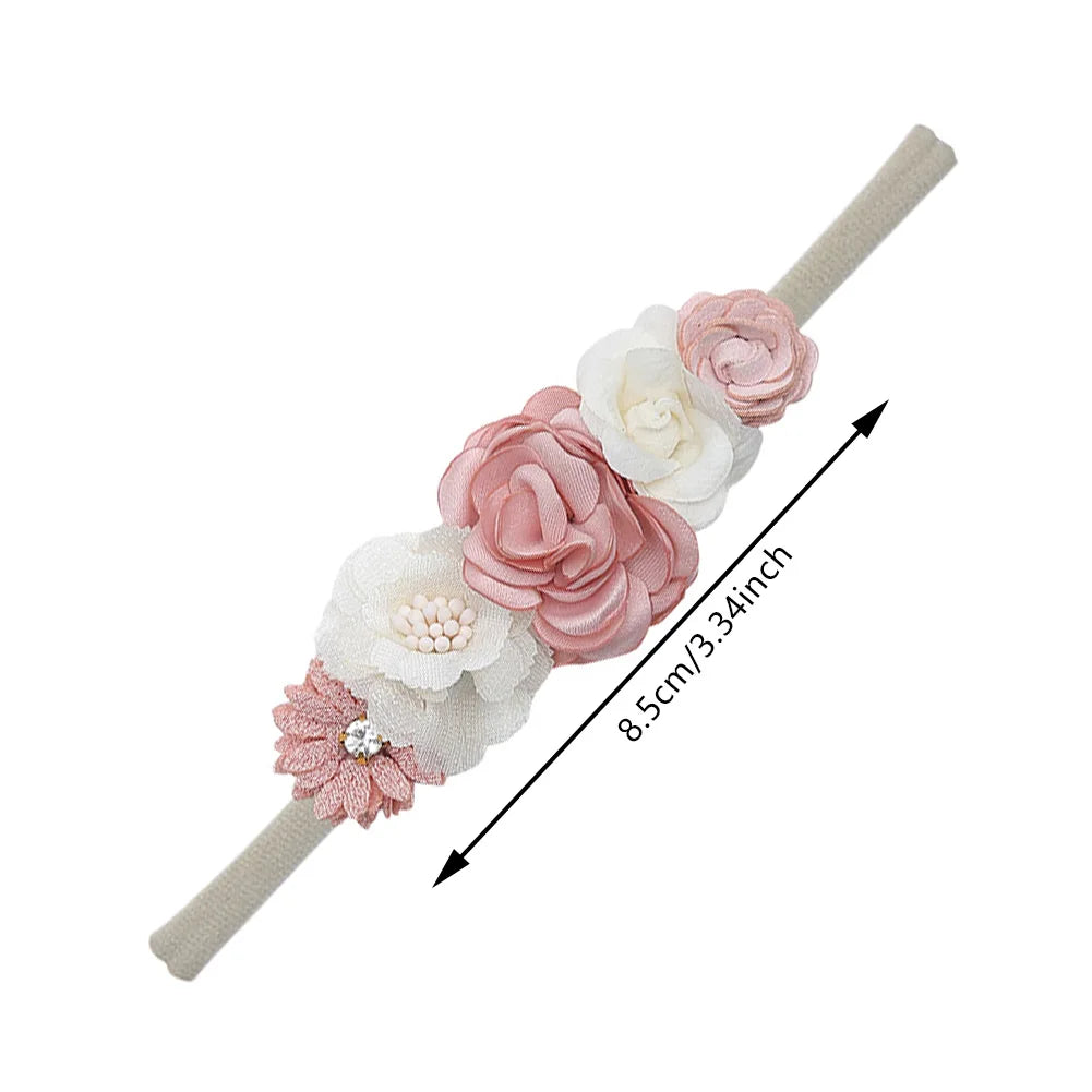 5 Tiaras Florais para Bebê Recém-Nascido – Faixas de Cabelo de Nylon com Flores Artificiais e Strass