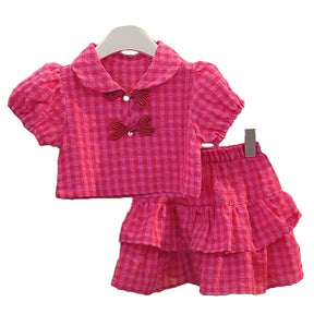 Conjunto Infantil Feminino Xadrez Rosa com Blusa e Saia – Delicadeza e Estilo para as Pequenas
