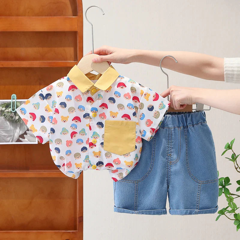 Conjunto Infantil de Verão com Estampa de Dinossauro – Camisa e Short 2 Peças