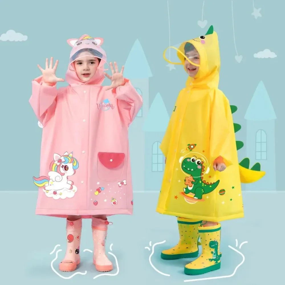 Capa de Chuva Infantil Impermeável com Estampa de Dinossauro ou Unicórnio – Com Espaço para Mochila | Poncho Escolar para Meninos e Meninas