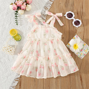 Vestido Infantil de Verão em Mousseline Floral – Sem Mangas com Laço Decorativo