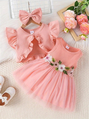 Vestido Infantil de Verão com Flor na Cintura – Conjunto com Bolero e Laço para Bebês