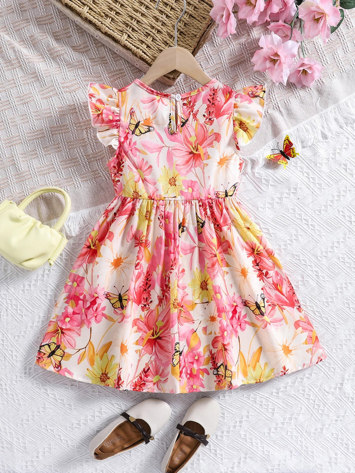 Vestido Infantil de Verão com Estampa Floral – Mangas em Babado e Gola Redonda