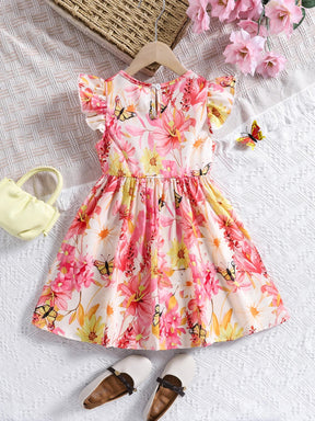 Vestido Infantil de Verão com Estampa Floral – Mangas em Babado e Gola Redonda