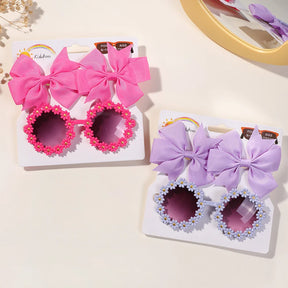 Conjunto 3 Presilhas Cheer Bow Retrô com Estampa Floral + Óculos Decorativo | Acessórios de Cabelo Feitos à Mão para Meninas