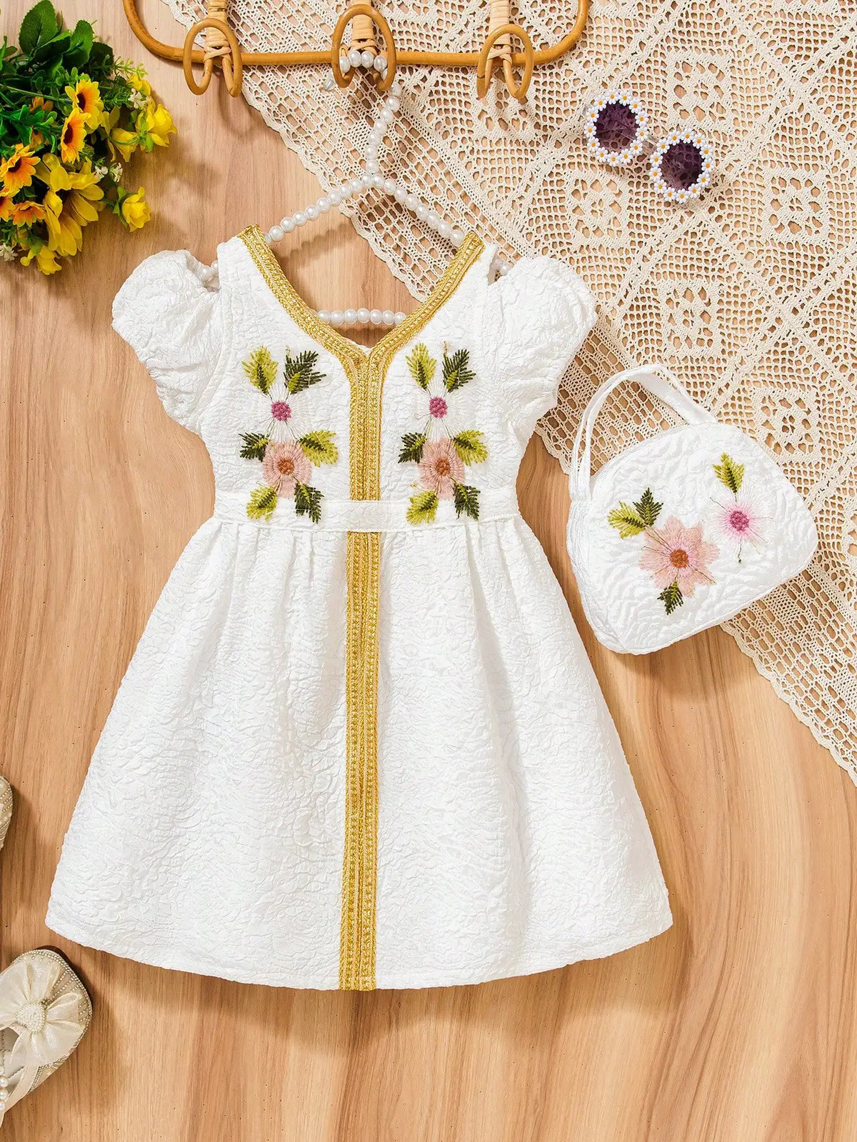 Vestido Infantil Branco Bordado com Bolero e Bolsa – Roupa de Festa para Meninas