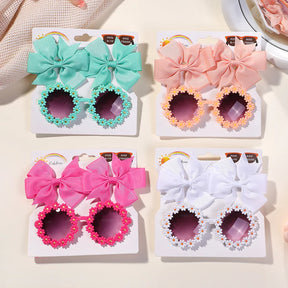 Conjunto 3 Presilhas Cheer Bow Retrô com Estampa Floral + Óculos Decorativo | Acessórios de Cabelo Feitos à Mão para Meninas