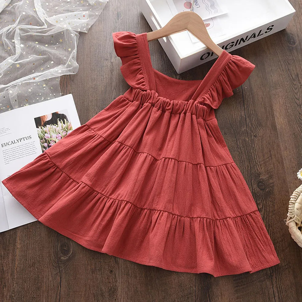 Vestido Infantil de Verão com Babados – Estilo Princesa Coreano, Sem Mangas e Cores Sólidas