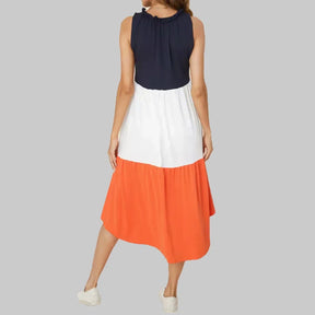 Vestido Gestante Midi Color Block Azul, Branco e Laranja – Conforto e Estilo na Maternidade