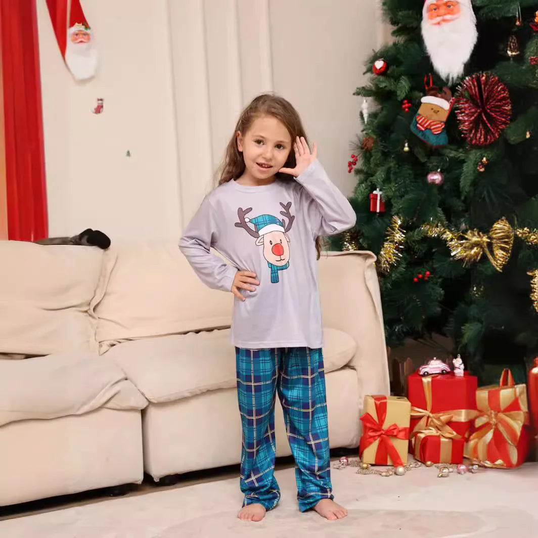 Conjunto Família Natal– Pijamas Rena Xadrez Azul