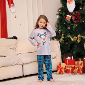 Conjunto Família Natal– Pijamas Rena Xadrez Azul