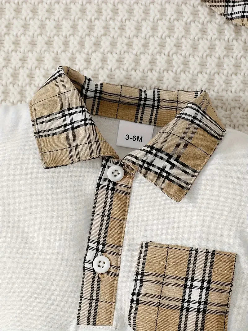 Macacão Infantil Masculino de Verão com Gola Xadrez e Chapéu – Conforto e Estilo para Bebês