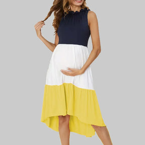 Vestido Gestante Midi Color Block Azul, Branco e Laranja – Conforto e Estilo na Maternidade