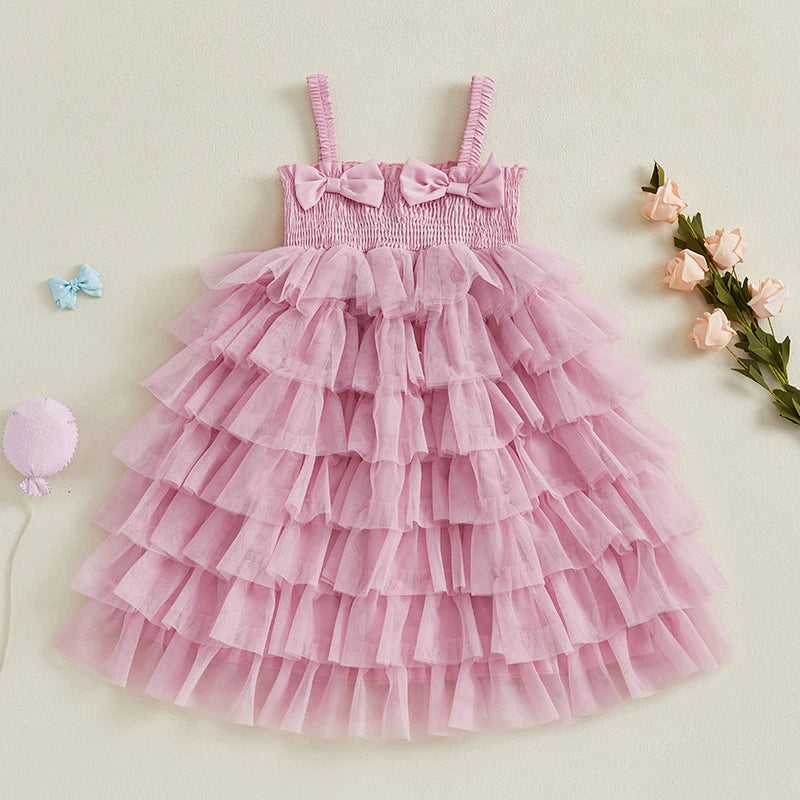 Vestido Infantil Rosa com Babados em Camadas e Laços – Roupa de Festa para Meninas