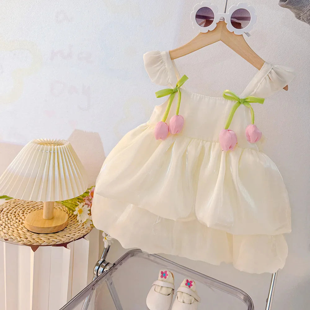 Vestido Infantil Feminino Tule Rosa ou Off White com Detalhe de Tulipas – Encanto e Delicadeza para Ocasiões Especiais
