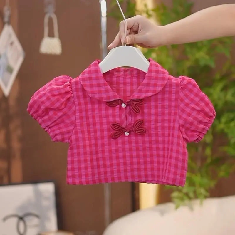 Conjunto Infantil Feminino Xadrez Rosa com Blusa e Saia – Delicadeza e Estilo para as Pequenas